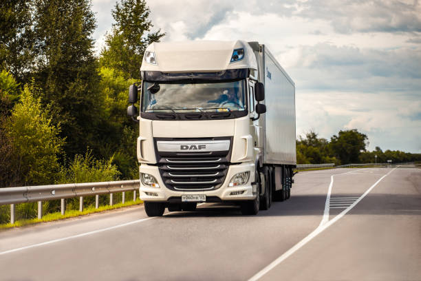 Primorye, Russia - July 21, 2019: White DAF truck on a road in summer